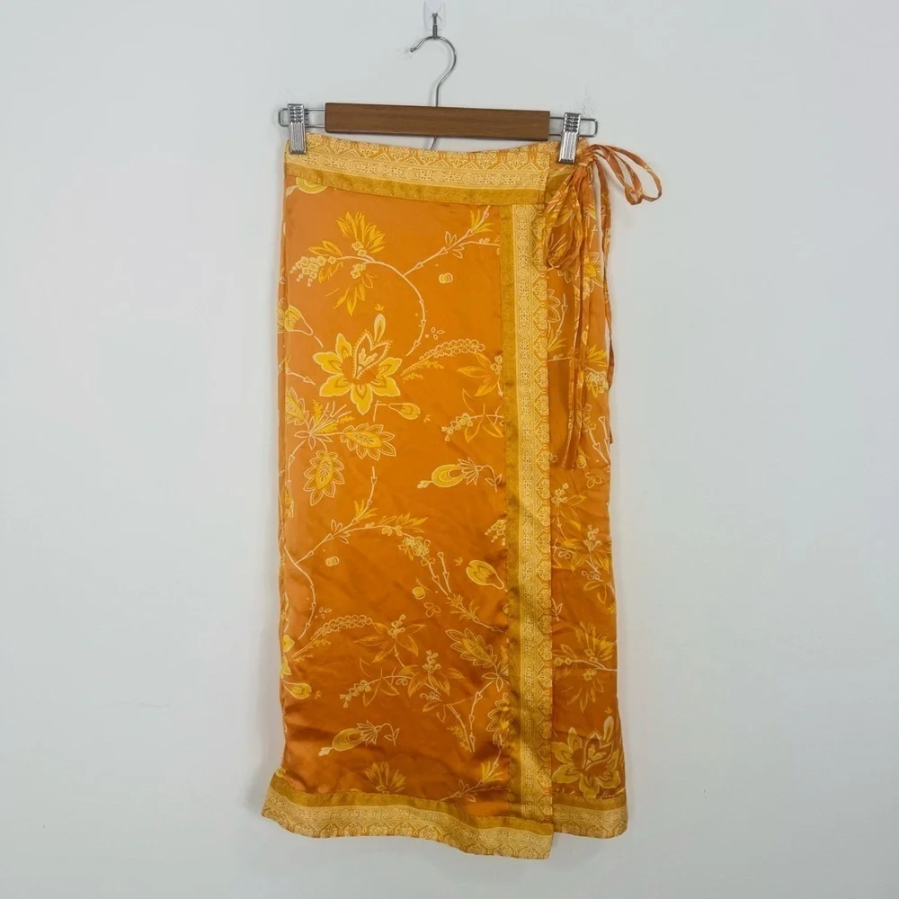 NWT $128 FREE PEOPLE Sz 0 Yasmin Border Print Wrap Midi Skirt In Orange Nectar